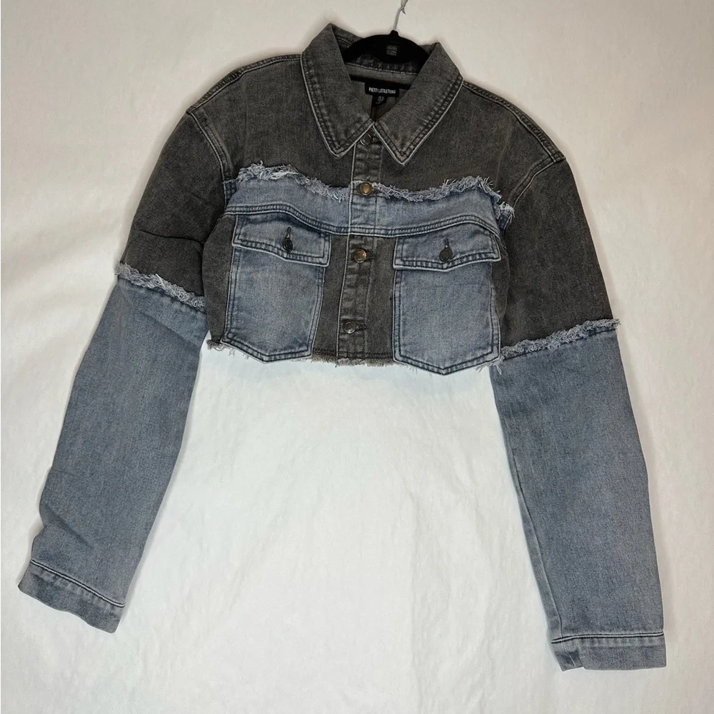 NWT PrettyLittleThing Washed Grey Double Layered Denim Cropped Jacket US Size 8 - Picture 7 of 14